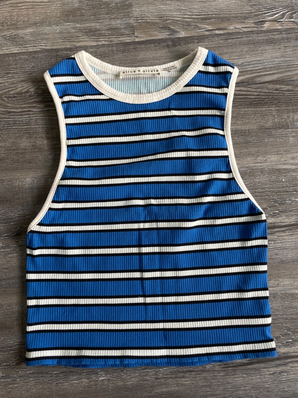 Alice + Olivia Andre Fitted Cropped Tank Blue/Black/White Striped Top Size M